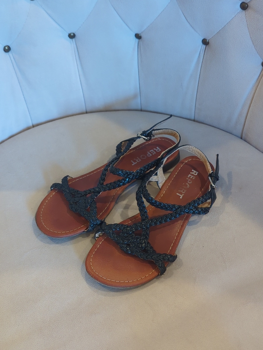 Sz 6 Report Braided Black Leather-Strap Sandals
